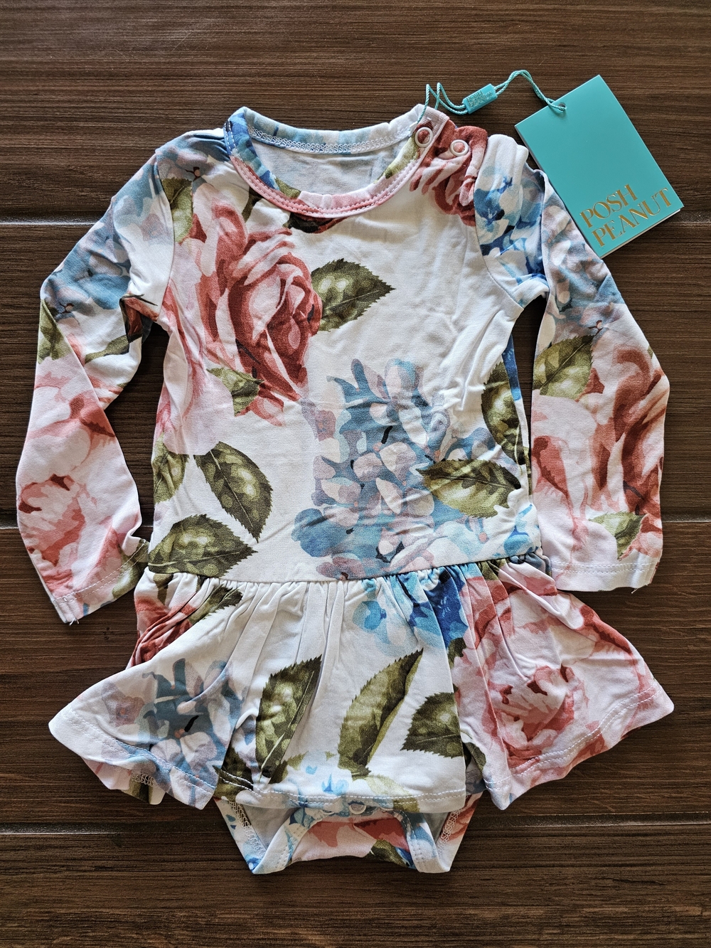 Posh Peanut Hydrangea Long Sleeve Basic Twirl Bodysuit 3-6 months NWT
